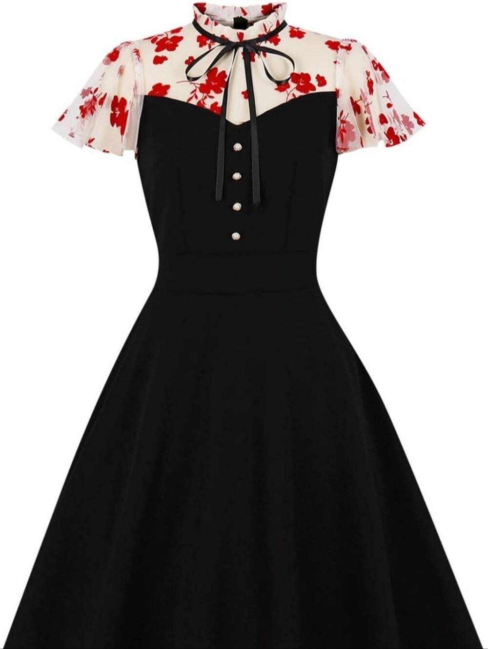 Black Fit-and-Flare Dress with Floral Sheer Yoke